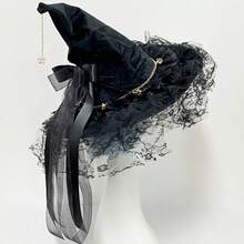1 X Black Halloween Handmade Lace Witch Hat With Bandage Bow - Gothic Lolita Style Halloween Party Cosplay Accessories