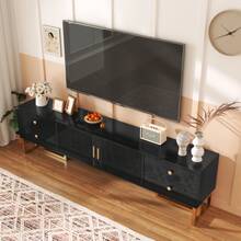TV Unit, Low Panel With Structured Doors, TV Stand With Drawers, Gold Handles And Gold Legs. - Black + MDF + 70-79 Inches - View 3