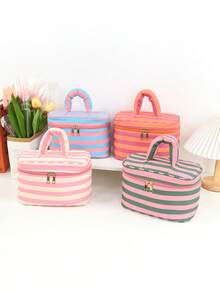 1pc Striped Portable Cosmetic Bag With Handle, Large Capacity Travel Toiletry Organizer With Zipper Closure, Cute Makeup Bag For Women And Girls With Compartments, Travel Cosmetic Bag With Zippered Mesh Pocket And Adjustable Dividers Toiletry Bag, Perfect For Daily Use, Dorm Or Holiday Travel Make Up Bag - Multicolor - View 1