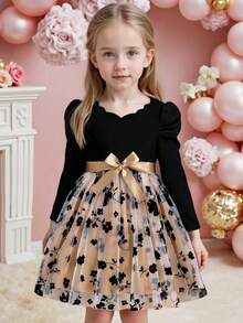 Vestito da ragazza con scollo a V, maniche a palloncino, patch in rete, con cintura, adatto per esibizioni scolastiche, feste di compleanno, uso quotidiano, autunno