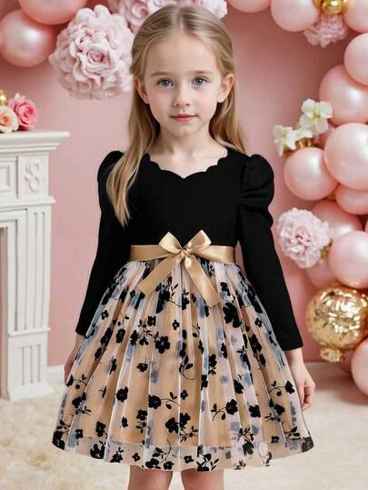 Vestido de niña con cuello en V, mangas abultadas, parches de malla y cinturón, adecuado para actuaciones escolares, fiestas de cumpleaños, uso diario, otoño