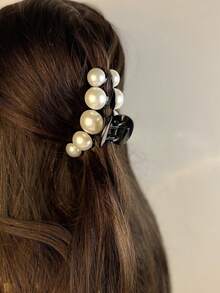 Faux Pearl Decor Hair Claw - Black - View 6