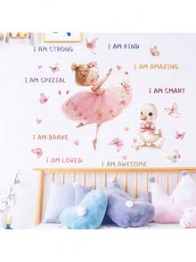 1 Sheet Cute Ballet Girl Wall Stickers - Duck Butterfly And Inspirational Quotes I AM STRONG KIND AMAZING SPECIAL BRAVE, Removable Nursery Decals For Kids Room Pink Theme Room Decor Easy Apply,Halloween Christmas Gift,Peel And Stick Wall Art - Multicolor - View 7