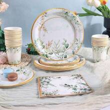 10/20/50pcs,Gold Rim Watercolor Eucalyptus Disposable Tableware, Green Leaf Gold Foil Print 7inch & 9inch Paper Plates,9oz Cups And Napkins,Elegant Green Eucalyptus Floral Plates For Wedding Bridal Shower Garden BabyShower Party Supplies - Multicolor - View 4