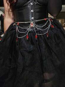 哥特式多层红色亚克力水钻串珠腰链腰带，性感万圣节派对腰部身体链饰品多层珍珠肚链腰带，适合女士连衣裙 - 酒紅色 - 查看 1