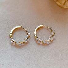 1 Pair Of 18K Golden-Plated Hoop Earrings With Faux Imitation Pearl Accents-Elegant Boho-Chic Design For Casual Attire Or Gift, Zinc Alloy, Vintage- Inspired Women'S Fashion Jewelry - Vàng - Xem 4