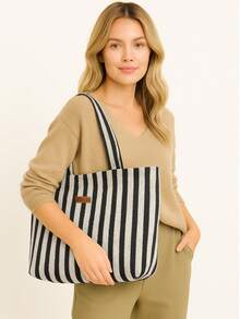 Liora Cotton Herringbone Pattern Tote Bag – Lightweight, Modern Everyday Bag 45*35 - Black - View 1