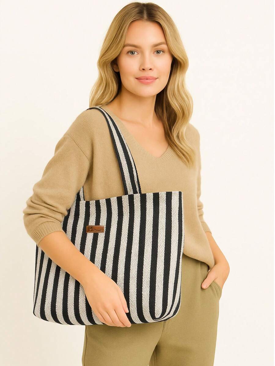 Liora Cotton Herringbone Pattern Tote Bag – Lightweight, Modern Everyday Bag 45*35 - Black - View 1