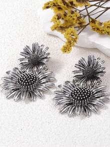 1 Pair Retro Chic Double-Layer Alloy Daisy Flower Dangle Earrings, Versatile Minimalist Fashion Design For Women - Daisy Flower Earrings - View 4