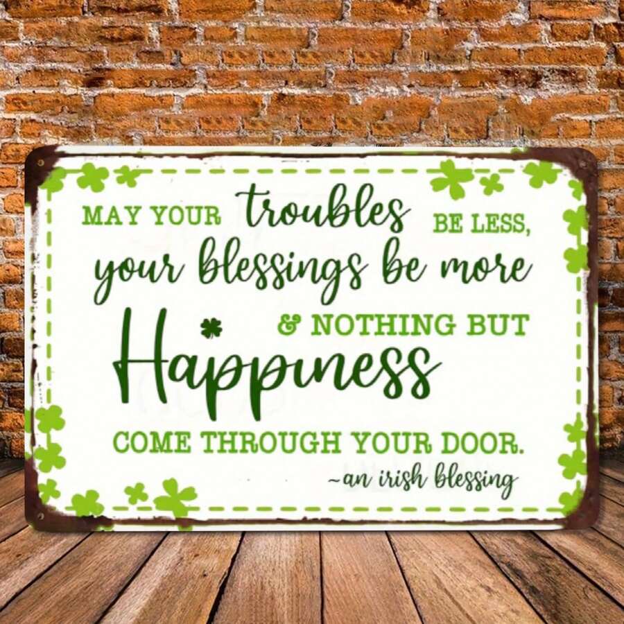 May Your Troubles Be Less Shamrock Tin Sign St Patrick's Day Irish Blessing Metal Wall Art Decor Gift Unisex Cotton Tee - 彩色 - 查看 1