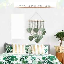 ديكور جداري أوراق معلقة على الحائط، تابستري بوهيمي ديكور حائط منسوج بريش وخيوط يدوية مع شرابات، ديكور حائط فني منسوج للحضانة والغرفة والصالة ومنزل الشقة (أخضر فاتح)