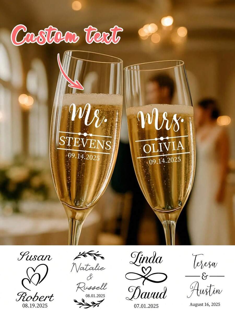 1/6/12张定制婚礼水晶标签贴纸 - 10种款式，可个性化定制文字，婚礼派对香槟杯水晶标签贴纸，送给新郎新娘的结婚礼物，伴娘纪念品 - 彩色 - 查看 1