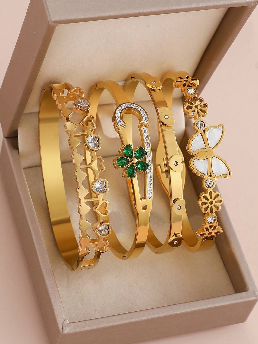 1 Stück elegantes französisches Stil Armband aus Titan-Stahl mit mehreren Elementen, mit Schmetterling-, Herz- und Hohldesigns, geeignet für Partys, Musikfestivals, Geschenke, Alltagstragen. Schmuck, der nicht leicht verblasst.