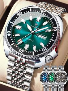 POEDAGAR 1件装时尚男士不锈钢防水夜光石英表，带旋转表圈，奢华双日期显示，商务男士腕表，适合工作场合，男士礼品 - 銀色 - 查看 13