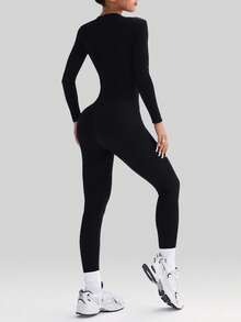 DINBEY Women's Zipper High Collar Jumpsuit, Stretchy Activewear Suitable For Yoga, Gym, Outdoor Leisure Sports - Black - View 2