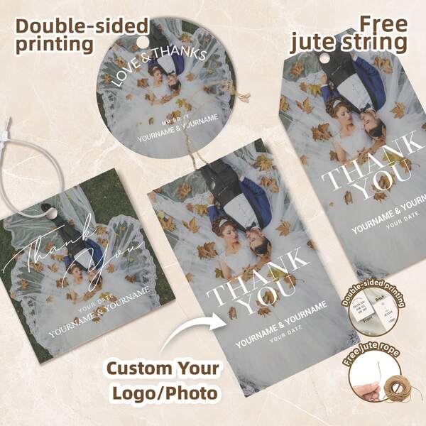 50-200pcs Custom Hang Tags, Double-Sided Printed Personalized Gift Tags With Photo & Text, 4 Shapes, Colorful Wildflower Printable Labels With Jute String, Paper Tags Cards For Bottles, Clothing, Food Packing, Gift Tags, Gift Cards For Party, Anniversary, Baby Shower, Wedding, Bridal Shower, Birthday, Gift For Her/Him, Customized Wedding Favor Tags