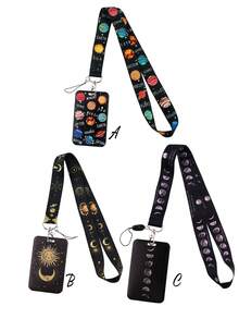 1 set suport pentru card de identitate cu cer înstelat și breloc, design drăguț cu mâzgăleală, șnur pentru femei, bărbați, angajați, studenți