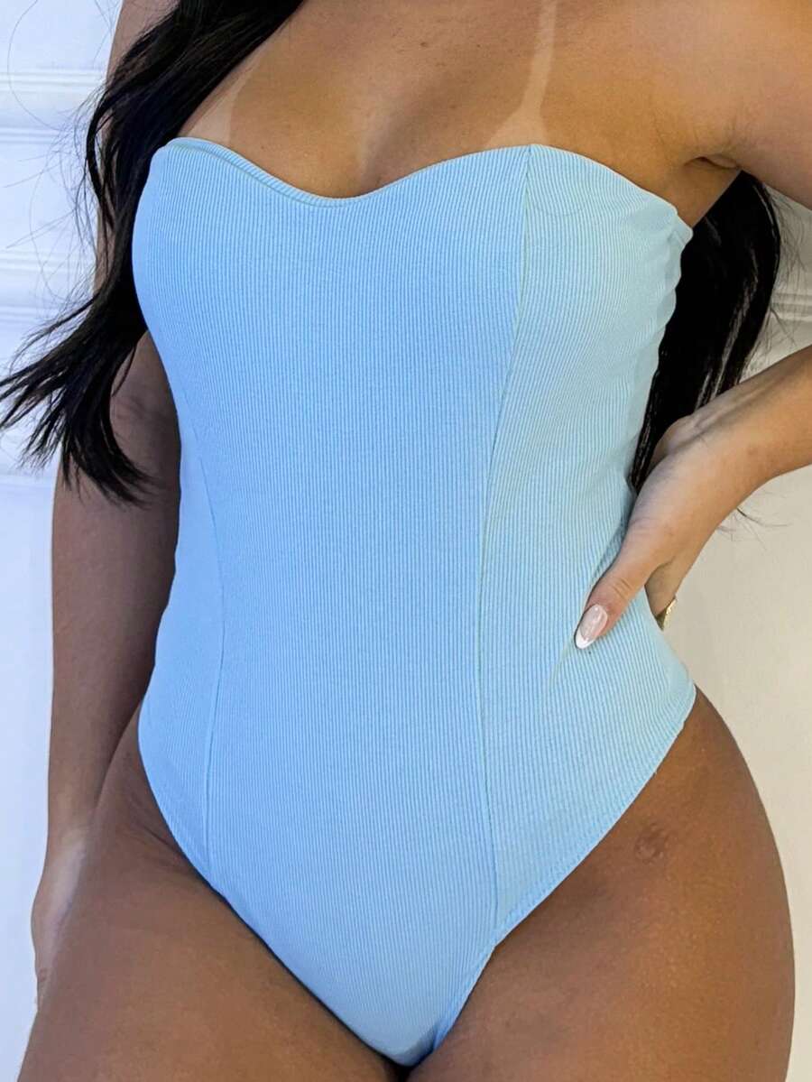 Premium Ribana Bodysuit Strapless Without Pads With Lining Women's Fashion Comfortable Adjustable To The Body Exposed Shoulders Without Clasp Sweetheart Neckline - Màu xanh nhạt - Xem 1