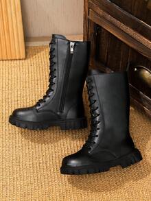 1 双黑色高帮女童靴，柔软弹力 PU 材质，圆头，细带，侧拉链设计，经典厚底，时尚可爱的公主/骑士风格靴子，适合 3-12 岁女童，日常、休闲、派对、校服，2025 年秋冬新品