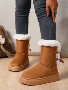 Classic Girl's Waterproof Anti-Slip Mid-Calf Or Rear Bowknot Snow Boots, Versatile Comfortable Warm Ankle Boots, Available In Brown, Black And Beige, Suitable For Indoor Warmth And Mild Outdoor Waterproof, Student Winter Snow Boots, Essential For Christmas - Brown - View 7