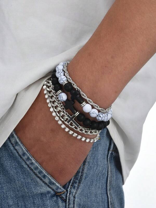 Set de 5 pulseras con cadena de cruz y cuentas de estilo punk, regalo casual para vacaciones, uso diario, accesorio de fiesta, regalo para papá, amigo (unisex)