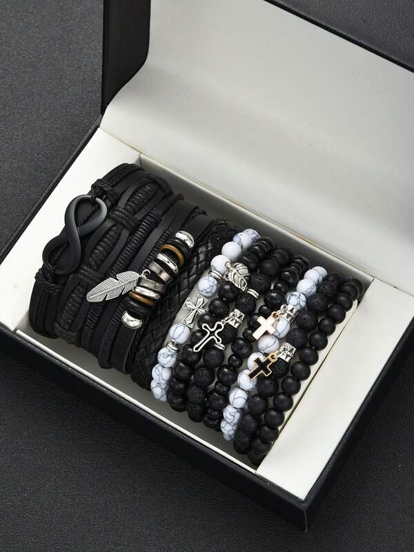 Set de 12 pulseras de estilo punk simple con cuentas en forma de cruz, pulsera en forma de 8 para hombres, unisex, casual, fiesta, regalo para papá, amigo (sin caja)