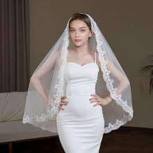 1pc Short Lace Trim Faux Pearl Decorated Bridal Veil, Elegant & Sophisticated Wedding Accessory Valentine's Day Accessories - White - View 1