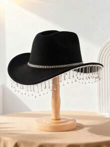 1 Stück Damen Mode Filzhut, dekoriert mit Kristall Strass Kette Gürtel, geeignet für Bankette, Jazz-Partys, Hochzeiten, Western-Themen-Partys, Unisex