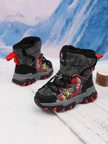 A Pair Of Boys' Snow Boots With Cartoon Patterns, Thermal Lined, Non-Slip & Camouflage Style, Warm And Cold-Resistant For Kids To Play In The Snow And Go To School, Wear-Resistant & Foot-Warming