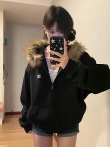 Women's Winter Faux Fur Hooded Coat - Black, Windproof, Durable With Pockets, Thick Polyester Knit, Harajuku Style, Zip-Up Front, Long Sleeves, Comfortable For Cold Weather, Casual Work Coat, Sleek Modern Jacket With Functional Pockets, Winter Coat