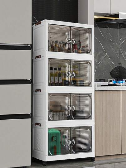 1pc 38cm Wide Folding Storage Cabinet, 1-5 Tiers Selectable, Thickened Double Door With Wheels, Home Use No-Assembly Storage Rack, Organizer For Clothes & Toys, Plastic Folding Storage Cabinet