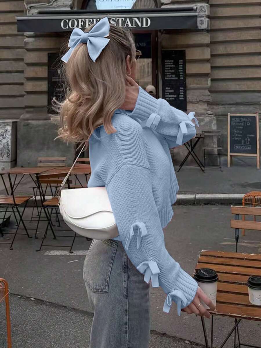 Joy Knit Women's New Autumn/Winter Knitted Top - Casual Minimalist Sweet Versatile All-Match Tops - Bowknot Sleeve Short Loose Crew Neck Pullover Sweater - Office Outfits For Women - Going Out Tops - Travel Outfit Airport