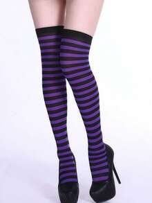 1双女士紫黑条纹过膝长袜，弹力针织长袜，适合万圣节、圣诞节、节日派对，哥特风格保暖过膝袜，舒适 - 彩色 - 查看 5