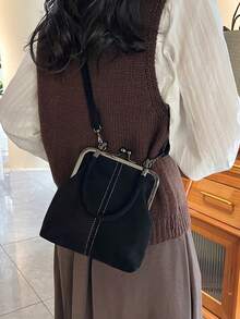 1 Stück Retro Kunstleder Umhängetasche, Vintage-Stil Damen Mini-Handtasche mit Kussschloss und verstellbarem Schultergurt, einfarbige leichte City-Tragetasche, Polyesterfutter, unisex - Schwarz - Übersicht 5