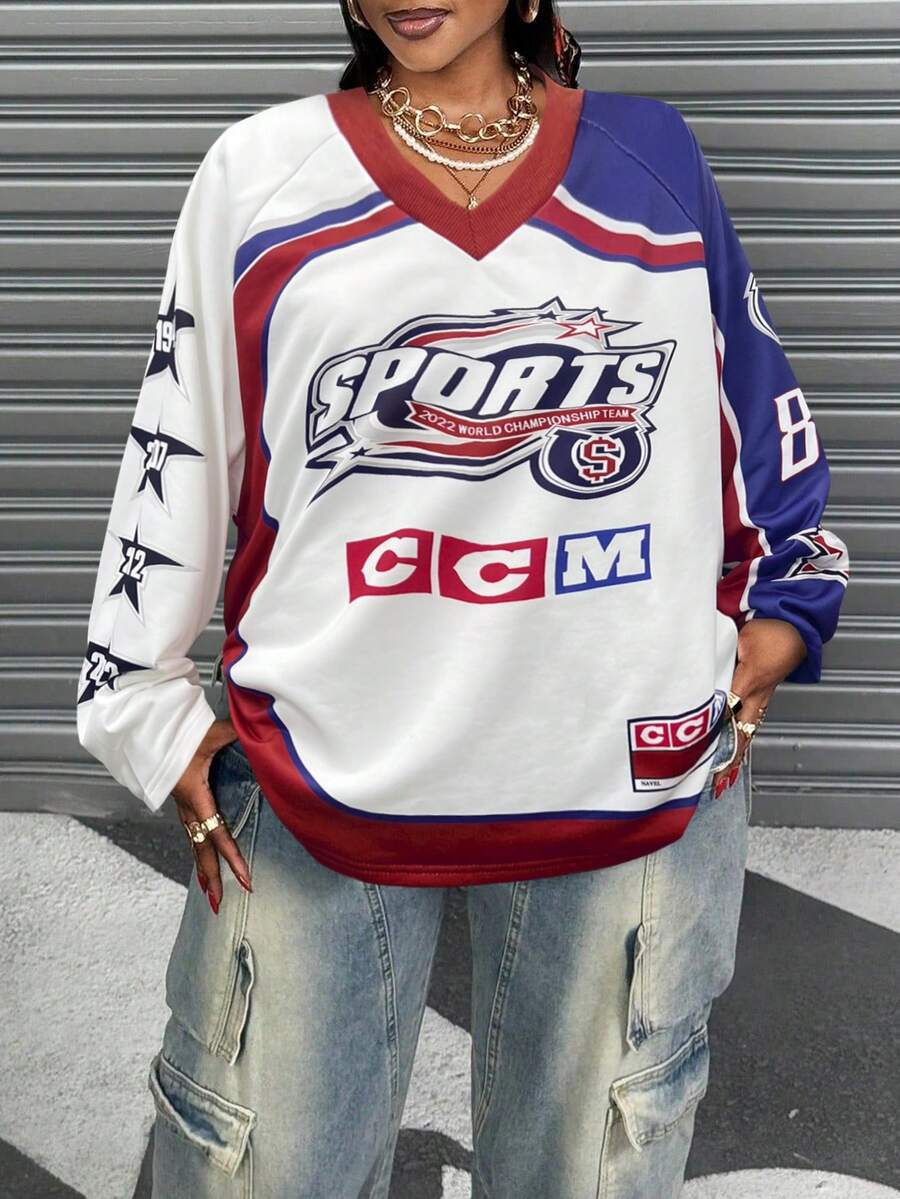 秋冬新款街头风运动T恤，适合音乐节、演唱会、舞台表演、日常出行等场合。基础百搭设计，也可搭配复活节、西部风、游牧风等。适合生日派对、毕业典礼、返校季、学生装、休闲、邮轮、海滩等场合。字母数字印花，宽松撞色长袖上衣，非常适合户外穿着。春季 - 彩色 - 查看 1