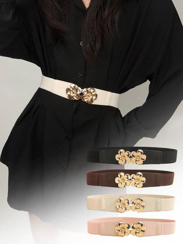 1 pezzo Elegante cintura elastica multicolore da donna, fibbia dorata floreale alla moda, versatile corsetto in vita di alta qualità per abiti, camicie, giacche