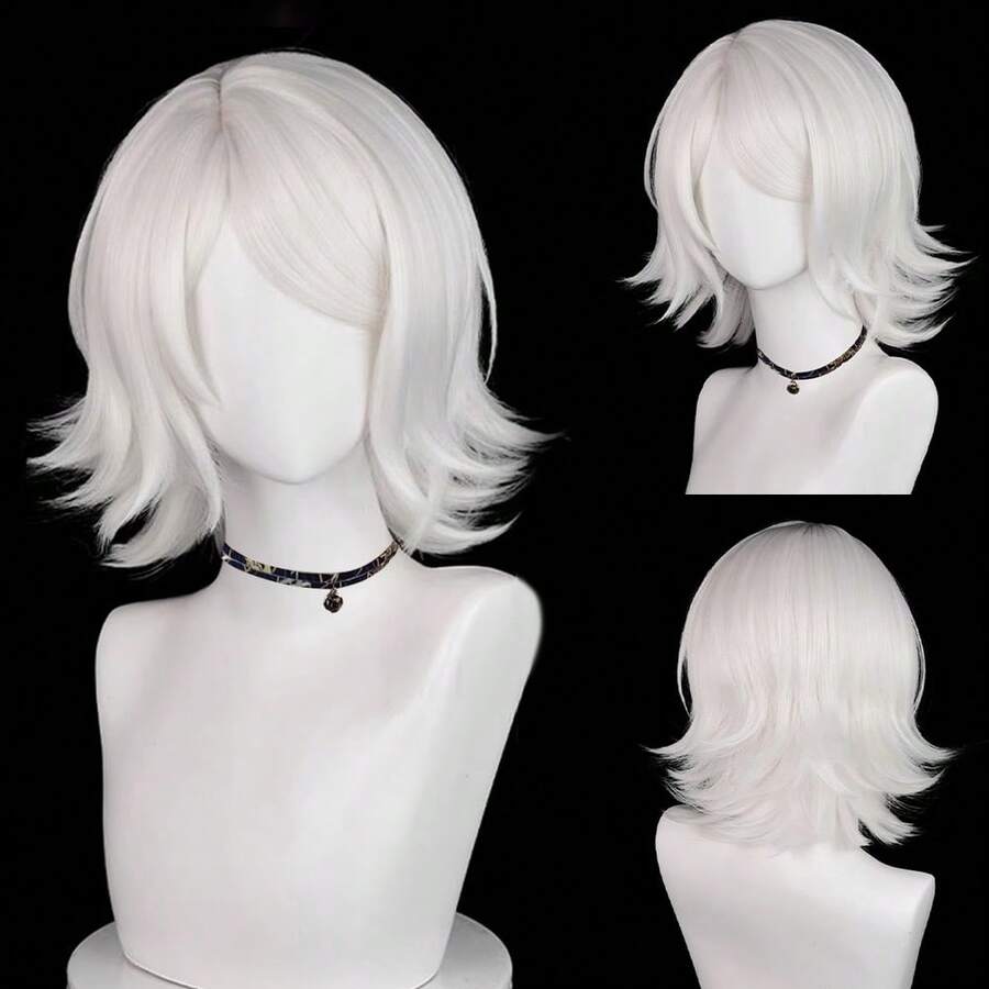 12 Inch White Men Short Synthetic Straight Fluffy Wigs With Bangs Anime Game Cosplay Heat Resistant Wig For Daily Party - 白色 - 查看 1