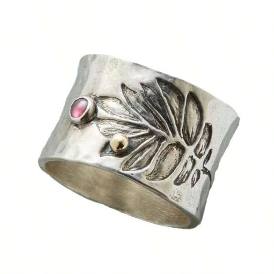 Boho Retro Style Silvery Carved Wide Ring With Pinkish Zirconia Inlay - Perfect For Daily Outfits And Parties