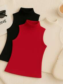 Kit With 3 Basic, Comfortable, Stylish, High-Necked Suplex Tank Tops - Black/Red/Off - View 1