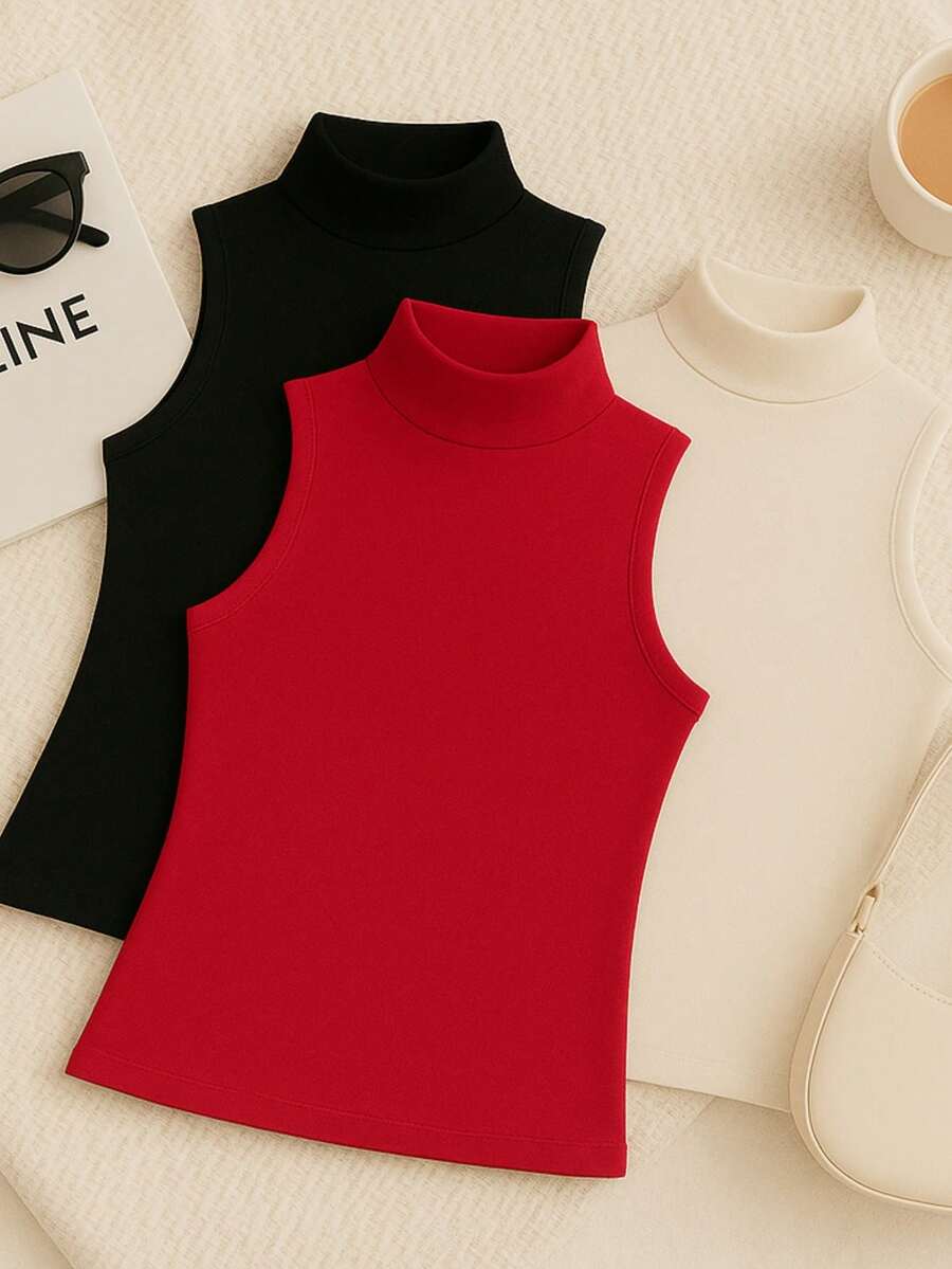 Kit With 3 Basic, Comfortable, Stylish, High-Necked Suplex Tank Tops - Black/Red/Off - View 1