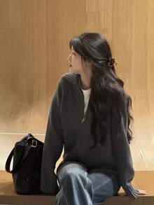 Retro Collar Zip Up Loose Knit Cardigan Sweater, Commuter Style - Grey - View 2