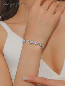 1pc Square Cubic Zirconia Embellished Chain Bracelet, Suitable For Women's Wedding, Engagement, Party Jewelry