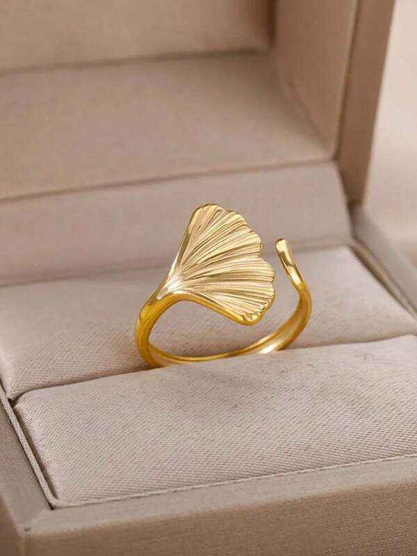 1 PC Stainless Steel Ginkgo Leaf Rings For Women Gold Color Geometric Open Ring Vintage Waterproof Wedding Aesthetic Jewelry Gift