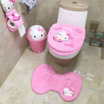 Sanrio Sanrio Hello Kitty 1/3pcs Bathroom Set: Soft & Absorbent Carpet, Contour Mat & Toilet Seat Cover - Cozy Polyester Blend For Comfort & Style