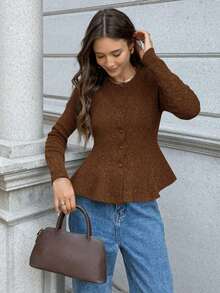 FOR BEAUTY 纯色圆领长袖收腰毛衣，新款日常休闲通勤开衫，时尚优雅简约外套，圣诞节和新年保暖针织衫 - 巧克力 - 查看 6