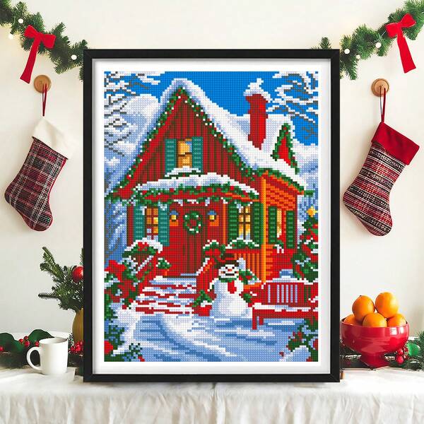 Christmas Gift DIY Cross Stitch Kit - Cozy Christmas Red House In Snow, 11CT Beginner Friendly, Home Decor Wall Art Material Set
