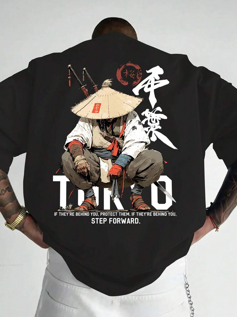 Real Man~Men'S Anime Samurai Graphic T-Shirt - Japanese Text Back Print, Lightweight Summer Tee For Cosplay, Casual Attire - Anime Fan Apparel, Anime Clothes, Casual Wear, Bold Print Shirt, Comfortable Fit, Short Sleeve Top, Streetwear Lovers, Casual Outfit, Handdrawn Design, Breathable Material, Print Shirt, Streetwear Enthusiasts - 黑色 - 查看 1