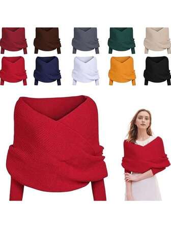 1pc Women's Shawl Scarf, Knitted Long Neck Warmer With Sleeves, Solid Color, Autumn/Winter For Dress