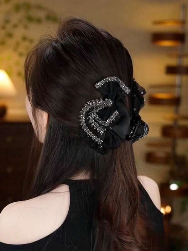 Accesorio elegante para el cabello con flores negras y adorno de cristal, pinza de pelo formal para recogido, clip de moda para el invierno