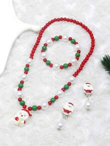 Conjunto de joyería de 4 piezas para niñas con encantos de Papá Noel, incluyendo pulsera, brazalete, aretes y collar, adecuado para fiestas navideñas, con cuentas de colores aleatorios